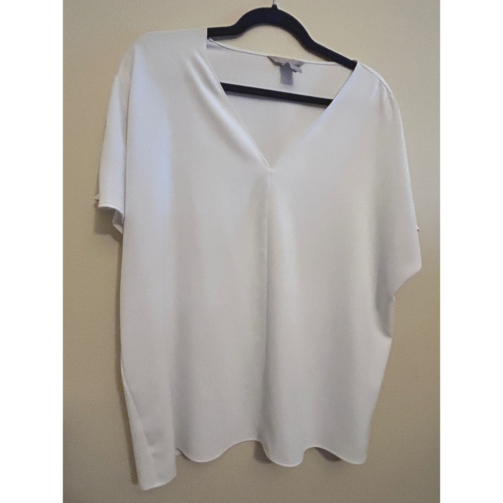H&M Blouse Women Size 12 White Excellent V-Neck Short Sleeve Relaxed Fit